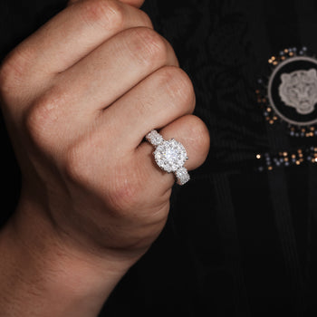 MOISSANITE DIAMOND HALO ENGAGEMENT RING IN STERLING SILVER - IVORY & EBONY