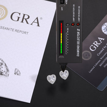 MOISSANITE DIAMOND HALO HEART CUT STUD EARRINGS IN STERLING SILVER - IVORY & EBONY