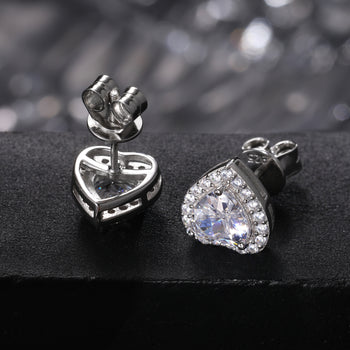 MOISSANITE DIAMOND HALO HEART CUT STUD EARRINGS IN STERLING SILVER - IVORY & EBONY
