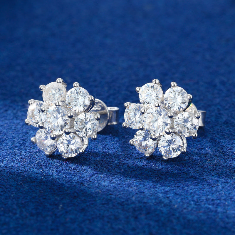 MOISSANITE DIAMOND HALO STYLE FLOWER CLUSTER EARRINGS IN STERLING SILVER