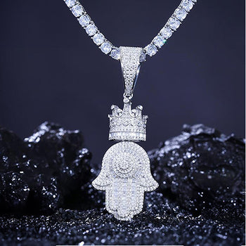 Pendentif main de Hamsa en argent sterling et diamants moissanite {STYLE 2}