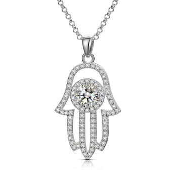 Collier pendentif main de Hamsa en moissanite et diamants, en argent sterling
