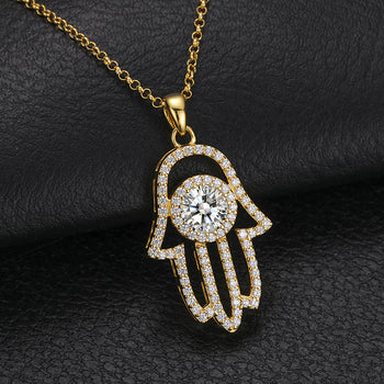 Collier pendentif main de Hamsa en moissanite et diamants, en argent sterling