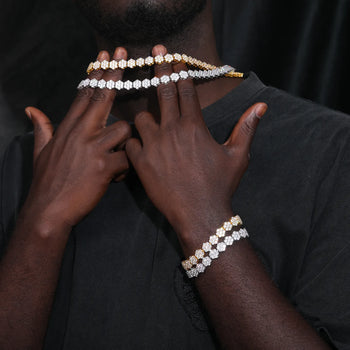 MOISSANITE DIAMOND HONEYCOMB FLOWER TENNIS CHAIN NECKLACE OR BRACELET IN STERLING SILVER - IVORY & EBONY