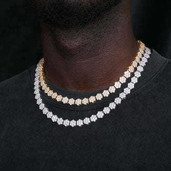 MOISSANITE DIAMOND HONEYCOMB FLOWER TENNIS CHAIN NECKLACE OR BRACELET IN STERLING SILVER - IVORY & EBONY