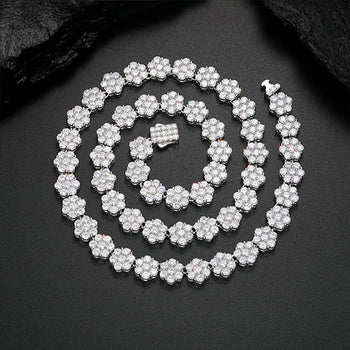 MOISSANITE DIAMOND HONEYCOMB FLOWER TENNIS CHAIN NECKLACE OR BRACELET IN STERLING SILVER - IVORY & EBONY