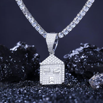 Pendentif Maison en Moissanite et Diamant en Argent Massif