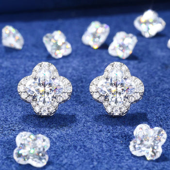 MOISSANITE DIAMOND ICE OUT FOUR LEAF CLOVER EARRINGS IN STERLING SILVER