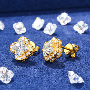 MOISSANITE DIAMOND ICE OUT FOUR LEAF CLOVER EARRINGS IN STERLING SILVER