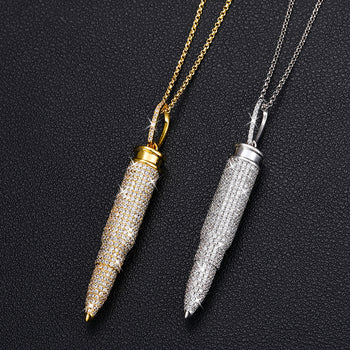 MOISSANITE DIAMOND ICED OUT BULLET PENDANT NECKLACE IN STERLING SILVER - IVORY & EBONY