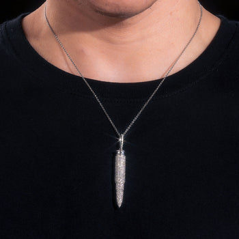 MOISSANITE DIAMOND ICED OUT BULLET PENDANT NECKLACE IN STERLING SILVER - IVORY & EBONY