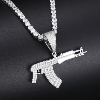 MOISSANITE DIAMOND ICED OUT AK47 GUN PENDANT IN STERLING SILVER - IVORY & EBONY