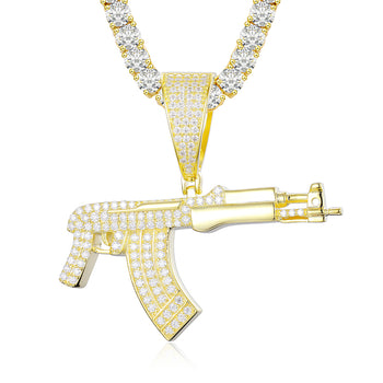 MOISSANITE DIAMOND ICED OUT AK47 GUN PENDANT IN STERLING SILVER - IVORY & EBONY