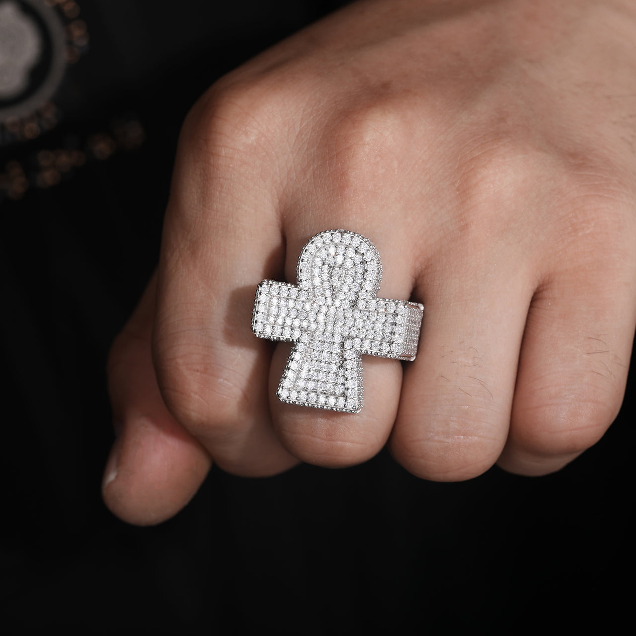 MOISSANITE DIAMOND ICED OUT ANKH CROSS RING IN STERLING SILVER