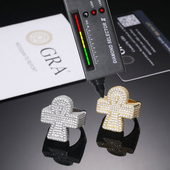 MOISSANITE DIAMOND ICED OUT ANKH CROSS RING IN STERLING SILVER - IVORY & EBONY