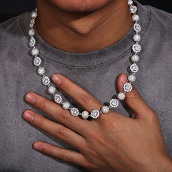 MOISSANITE DIAMOND BEAD AND HALO MIX LINK CHAIN NECKLACE AND BRACELET IN STERLING SILVER - IVORY & EBONY