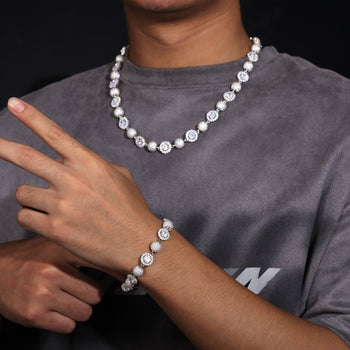 MOISSANITE DIAMOND BEAD AND HALO MIX LINK CHAIN NECKLACE AND BRACELET IN STERLING SILVER - IVORY & EBONY