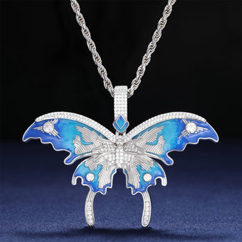 MOISSANITE DIAMOND ENAMEL BLUE BUTTERFLY PENDANT IN STERLING SILVER - IVORY & EBONY