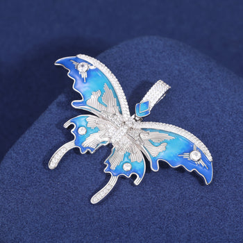 MOISSANITE DIAMOND ENAMEL BLUE BUTTERFLY PENDANT IN STERLING SILVER - IVORY & EBONY