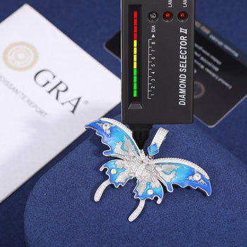 MOISSANITE DIAMOND ENAMEL BLUE BUTTERFLY PENDANT IN STERLING SILVER - IVORY & EBONY