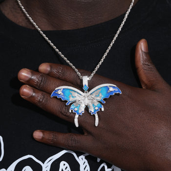 MOISSANITE DIAMOND ENAMEL BLUE BUTTERFLY PENDANT IN STERLING SILVER - IVORY & EBONY