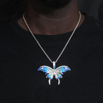 MOISSANITE DIAMOND ENAMEL BLUE BUTTERFLY PENDANT IN STERLING SILVER - IVORY & EBONY