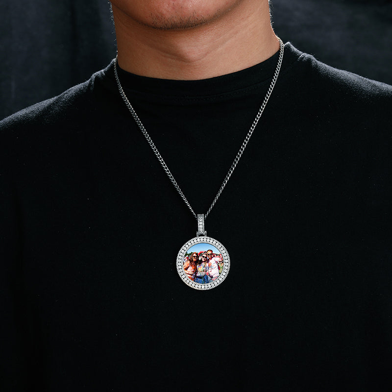 MOISSANITE DIAMOND ROUND CUSTOM PHOTO PENDANT IN STERLING SILVER