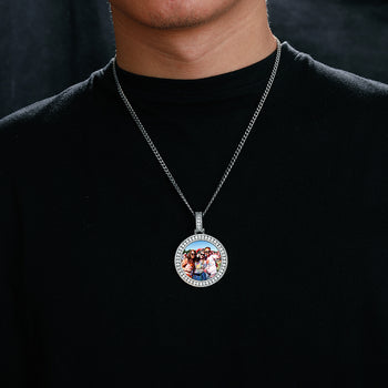 MOISSANITE DIAMOND ROUND CUSTOM PHOTO PENDANT IN STERLING SILVER - IVORY & EBONY