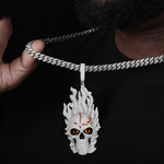 MOISSANITE DIAMOND ICED OUT FIRE SKULL PENDANT IN STERLING SILVER