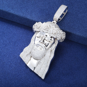 MOISSANITE DIAMOND FLORAL TIARA JESUS PENDANT IN STERLING SILVER