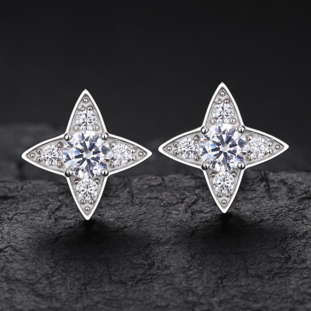 MOISSANITE DIAMOND ICED OUT FOUR POINTED STAR STUD EARRINGS IN STERLING SILVER