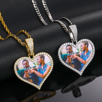 MOISSANITE DIAMOND HEART CUSTOM PHOTO PENDANT IN STERLING SILVER - IVORY & EBONY