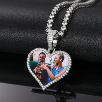 MOISSANITE DIAMOND HEART CUSTOM PHOTO PENDANT IN STERLING SILVER - IVORY & EBONY