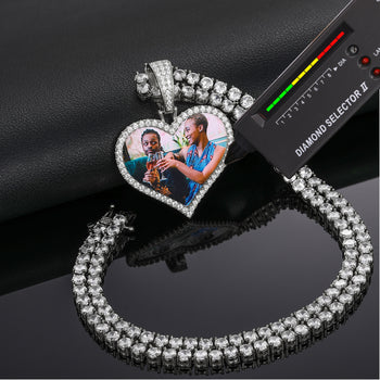 MOISSANITE DIAMOND HEART CUSTOM PHOTO PENDANT IN STERLING SILVER - IVORY & EBONY