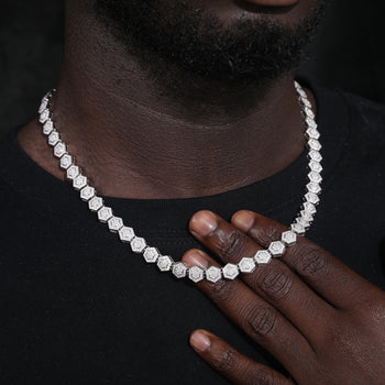 MOISSANITE DIAMOND ICED OUT HEXAGON LINK CHAIN OR BRACELET IN STERLING SILVER - IVORY & EBONY