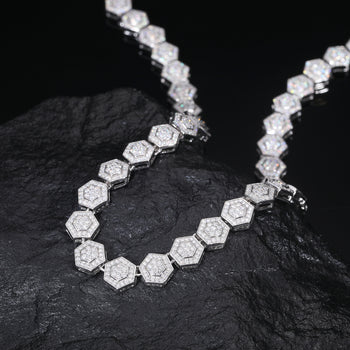 MOISSANITE DIAMOND ICED OUT HEXAGON LINK CHAIN OR BRACELET IN STERLING SILVER - IVORY & EBONY