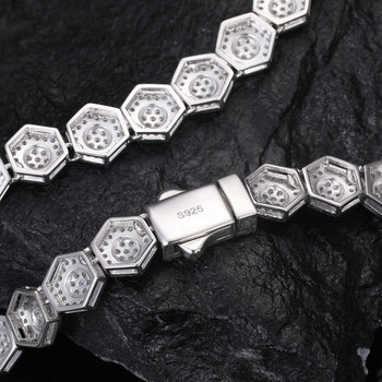 MOISSANITE DIAMOND ICED OUT HEXAGON LINK CHAIN OR BRACELET IN STERLING SILVER - IVORY & EBONY