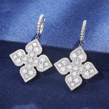 Boucles d'oreilles pendantes en forme de fleur, serties de diamants et de pierres en forme de pique, en argent sterling 