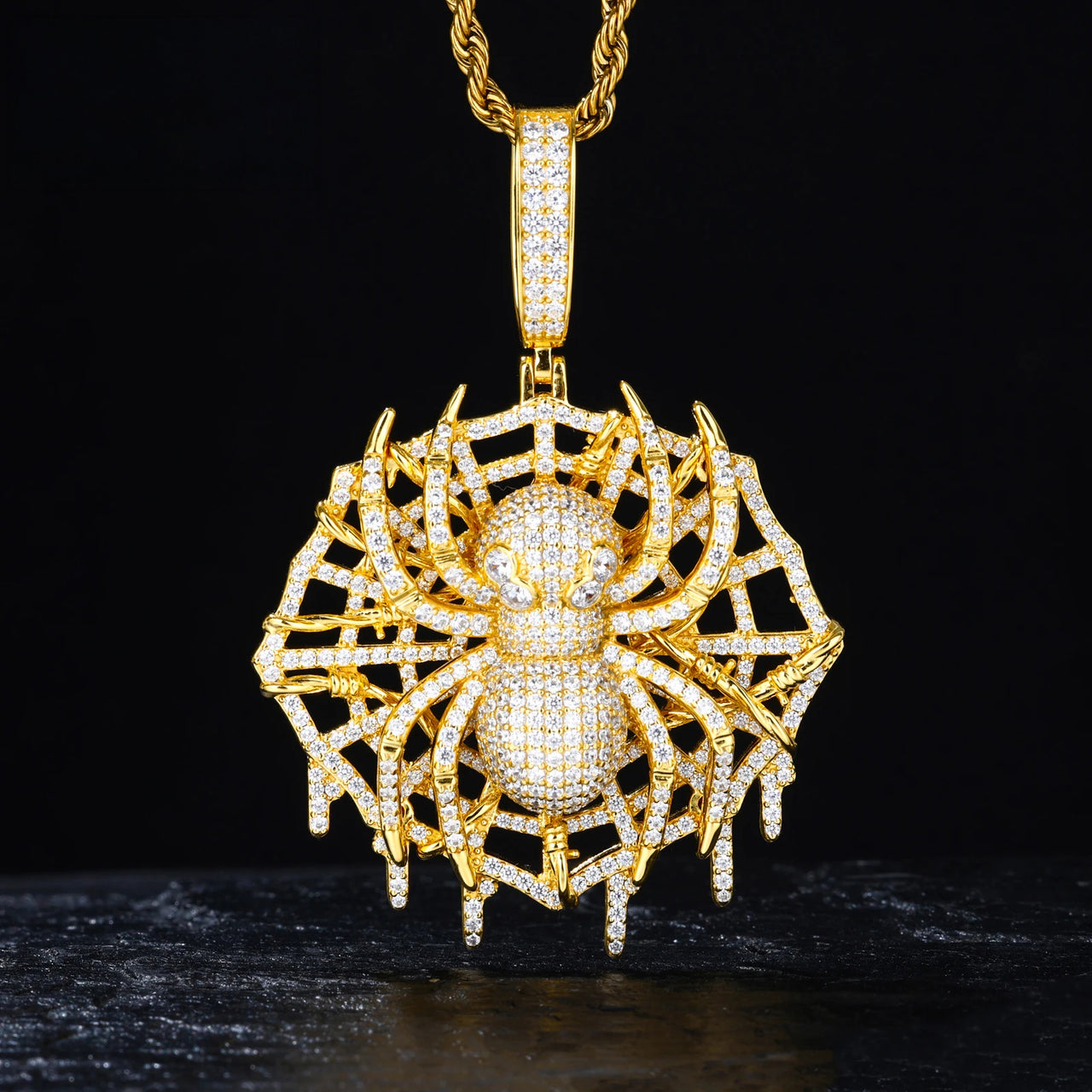 MOISSANITE DIAMOND ICED OUT SPIDER WEB PENDANT IN STERLING SILVER