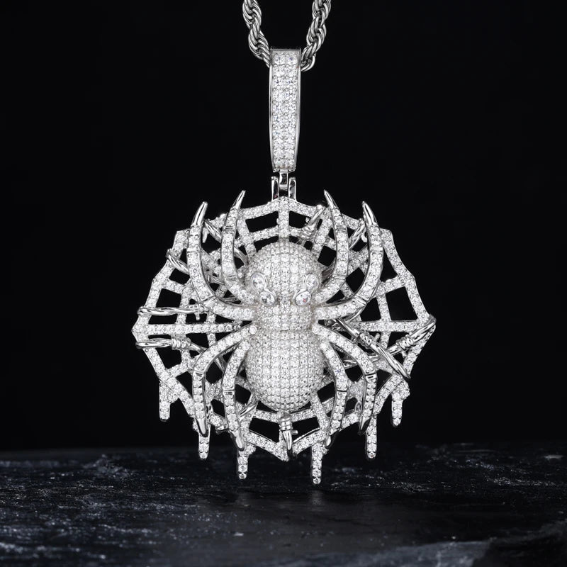 MOISSANITE DIAMOND ICED OUT SPIDER WEB PENDANT IN STERLING SILVER