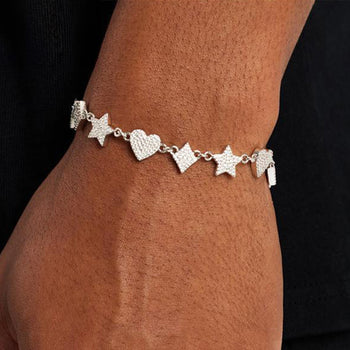 MOISSANITE DIAMOND STAR HEART RHOMBUS MOTIF TENNIS BRACELET IN STERLING SILVER - IVORY & EBONY