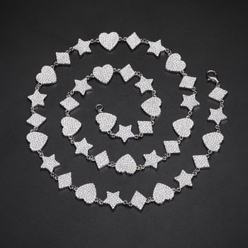 MOISSANITE DIAMOND STAR HEART RHOMBUS MOTIF TENNIS BRACELET IN STERLING SILVER - IVORY & EBONY