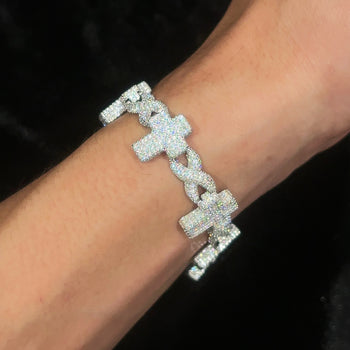 MOISSANITE DIAMOND INFINITY CROSS CUBAN LINK BRACELET IN STERLING SILVER