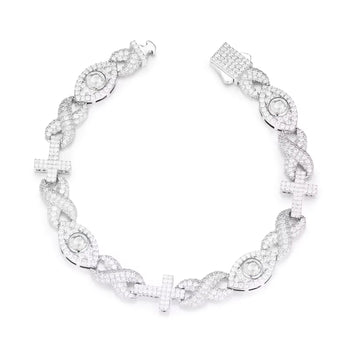 Bracelet en argent sterling orné de moissanites, diamants et croix infinie avec œil protecteur.