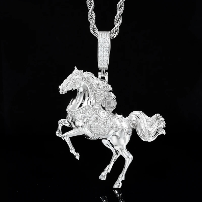 Silver horse pendant necklace on a black background