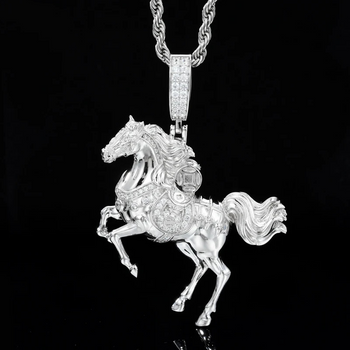 Silver horse pendant necklace on a black background