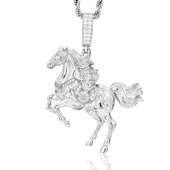 Silver horse pendant with chain on a white background
