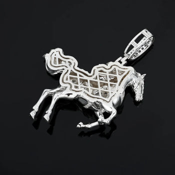 Silver horse pendant with intricate design on a black background