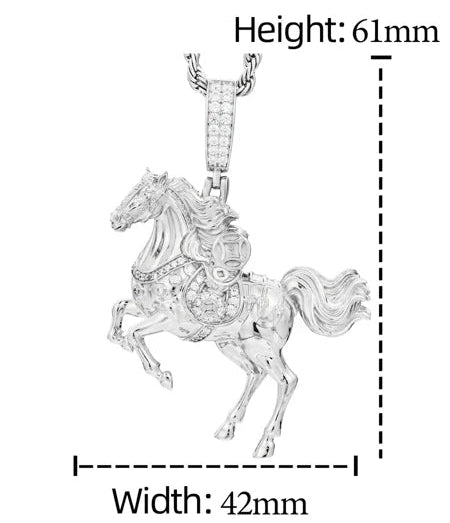 Silver horse pendant with diamond and moissanite information on a white background