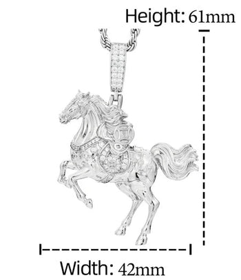 Silver horse pendant with diamond and moissanite information on a white background